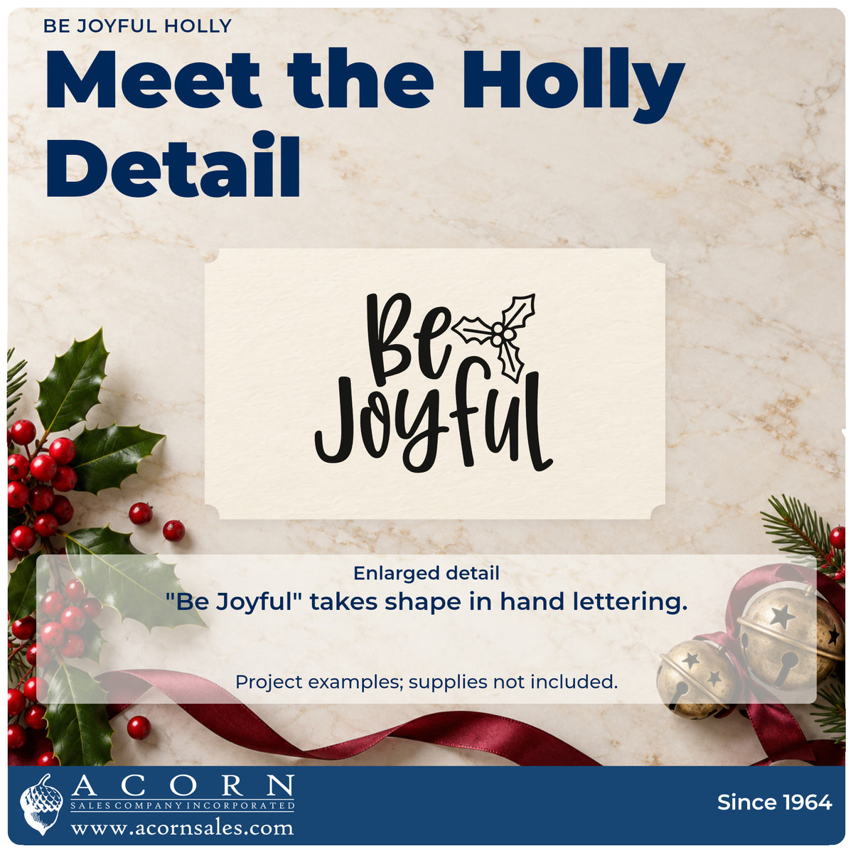 Enlarged detail of the PSI Pre-Inked Be Joyful Holly Script Lettering Stamp imprint. “Be Joyful” appears in thick hand-drawn script with an outlined holly sprig.