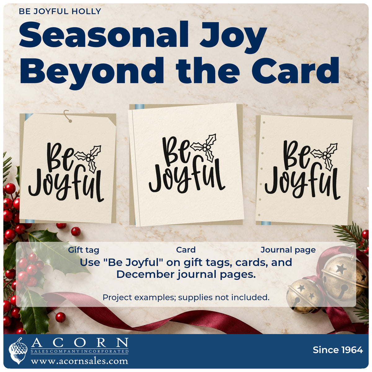 Three project examples made with the PSI Pre-Inked Be Joyful Holly Script Lettering Stamp, including daily intent sheet.