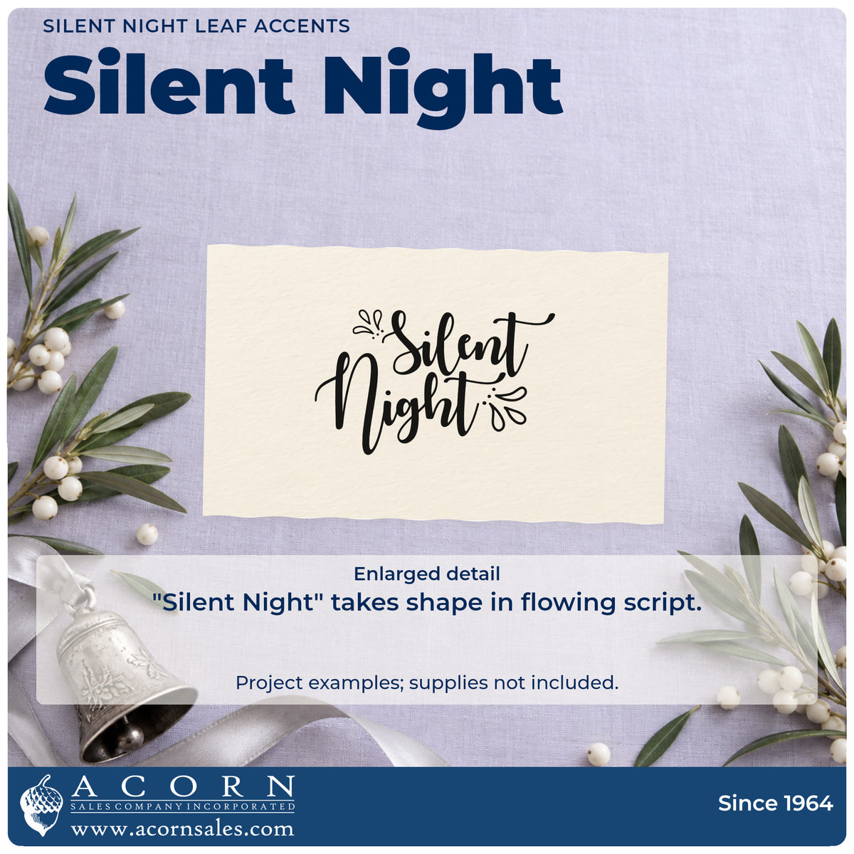 Enlarged detail of the Silent Night Leaf Accents Wood Handle Stamp imprint. “Silent Night” appears in flowing script with small outlined leaf-like accents.