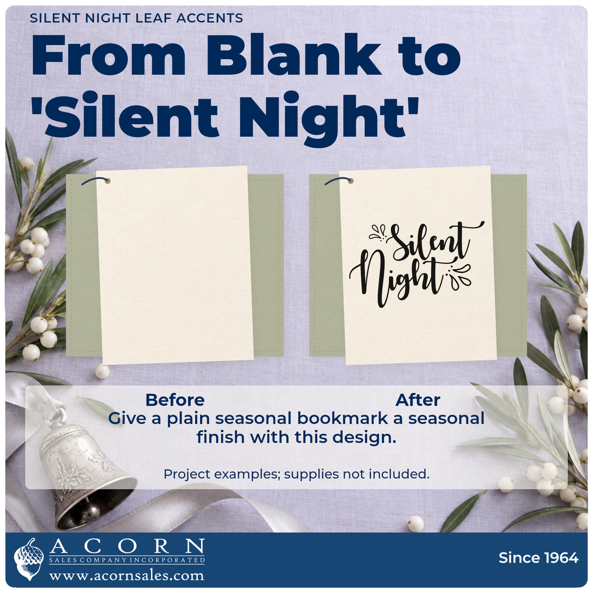Before and after of a plain item finished with the Silent Night Leaf Accents Rubber Stamp – Duo Hand, a quick upgrade for framed study wall.