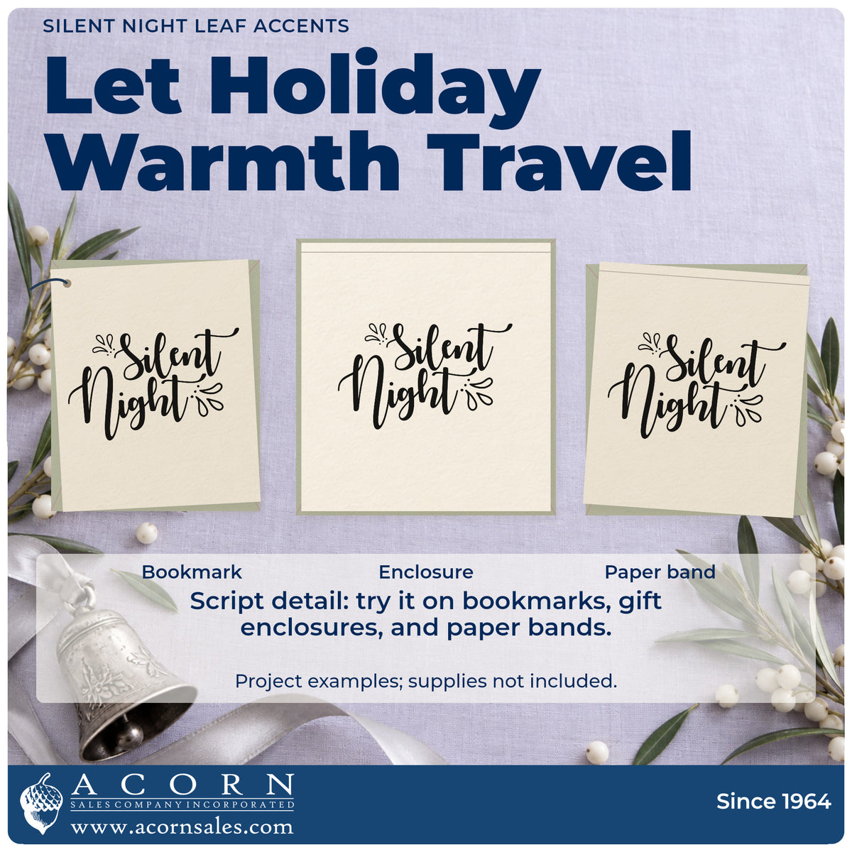 Three project examples made with the Silent Night Leaf Accents Wood Handle Stamp, including study log sheet.