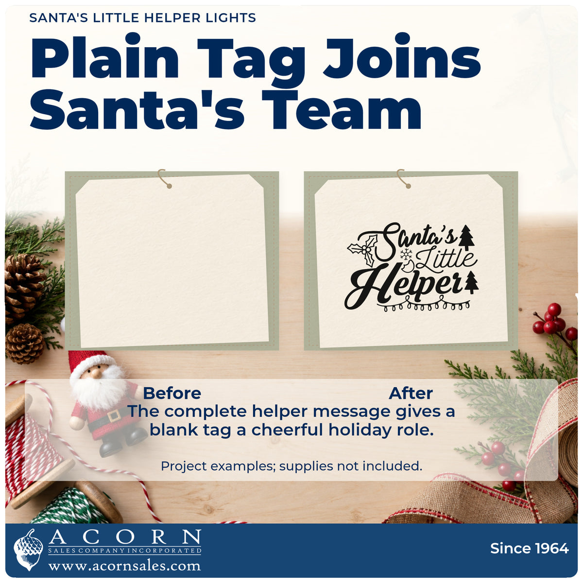 Before and after of a plain item finished with the Santa's Little Helper Lights Holly Wood-Mounted Rubber Stamp, a quick upgrade for framed break area.