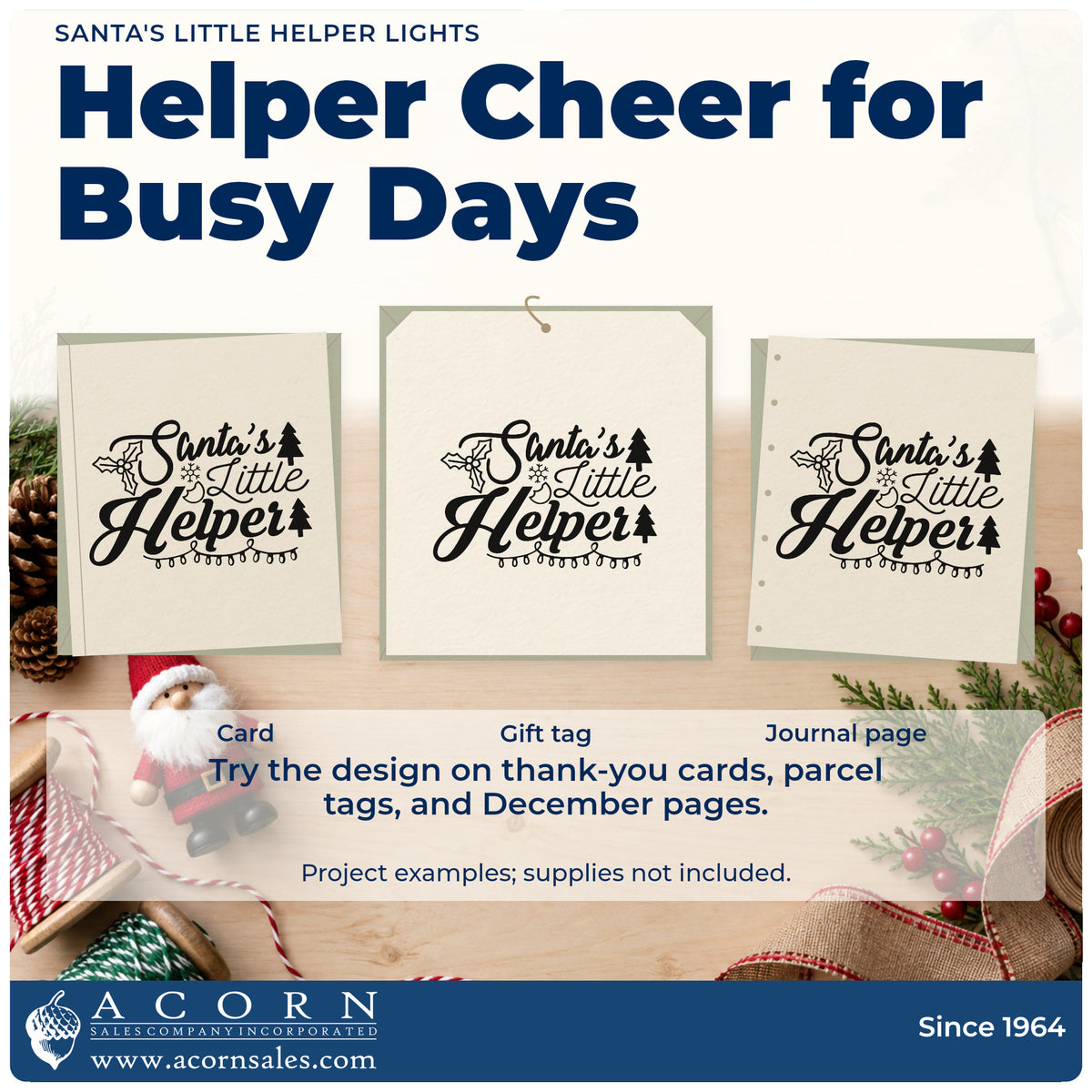Three project examples made with the Santa's Little Helper Lights Holly Premium Wooden Stamp – Vintage Pro, including training check sheet.