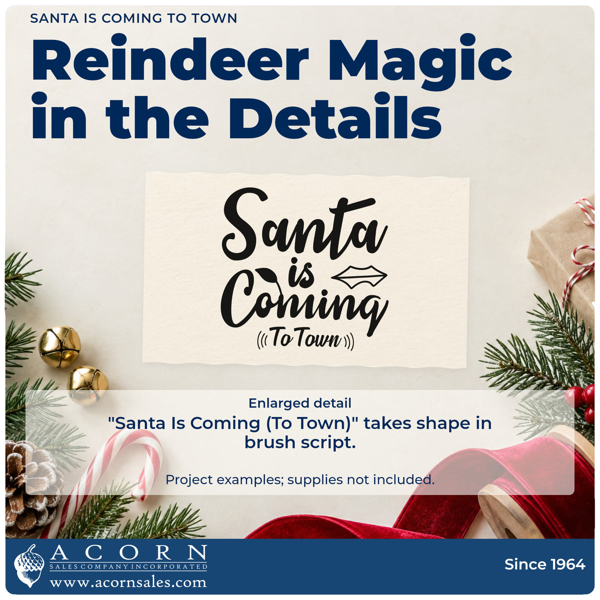 Enlarged detail of the Santa Is Coming To Town Slim Pre-Inked Stamp imprint. “Santa Is Coming (To Town)” appears in large brush lettering with a small diamond-shaped accent.