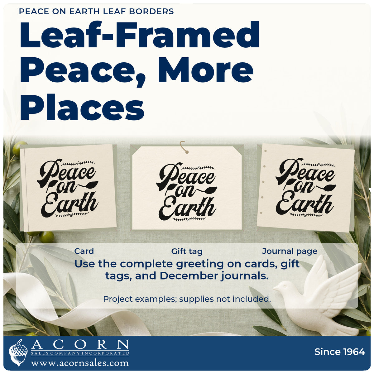 Three project examples made with the Leaf Border Peace On Earth Premium Wood-Mounted Stamp – Vintage Pro, including margin rule sheet.