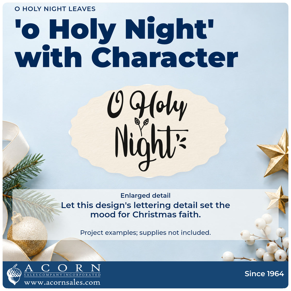 Enlarged detail of the O Holy Night Leaves Lettering Hand Stamp – Duo imprint. “O Holy Night” appears in bold flowing lettering with small leaf and stroke accents.