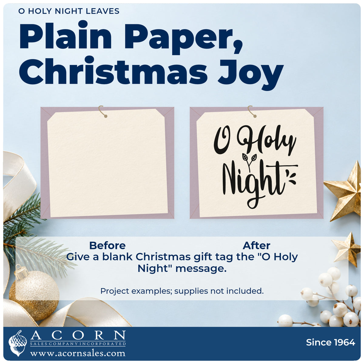 Before and after of a plain item finished with the O Holy Night Leaves Lettering Rubber Stamp – Wood Handle, a quick upgrade for framed console nook.