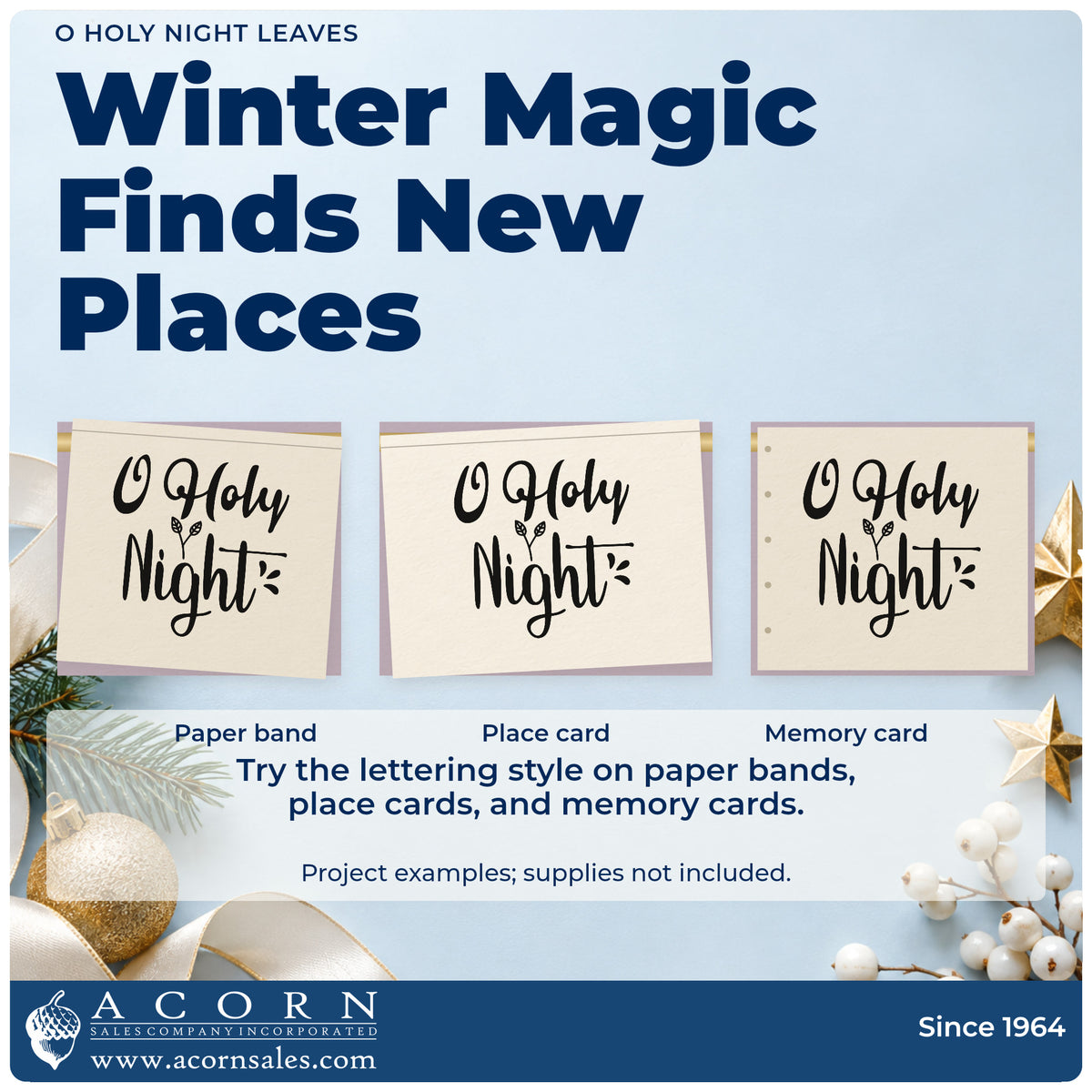 Three project examples made with the O Holy Night Leaves Lettering Stamp – Slim Pre-Inked, including registration sheet.
