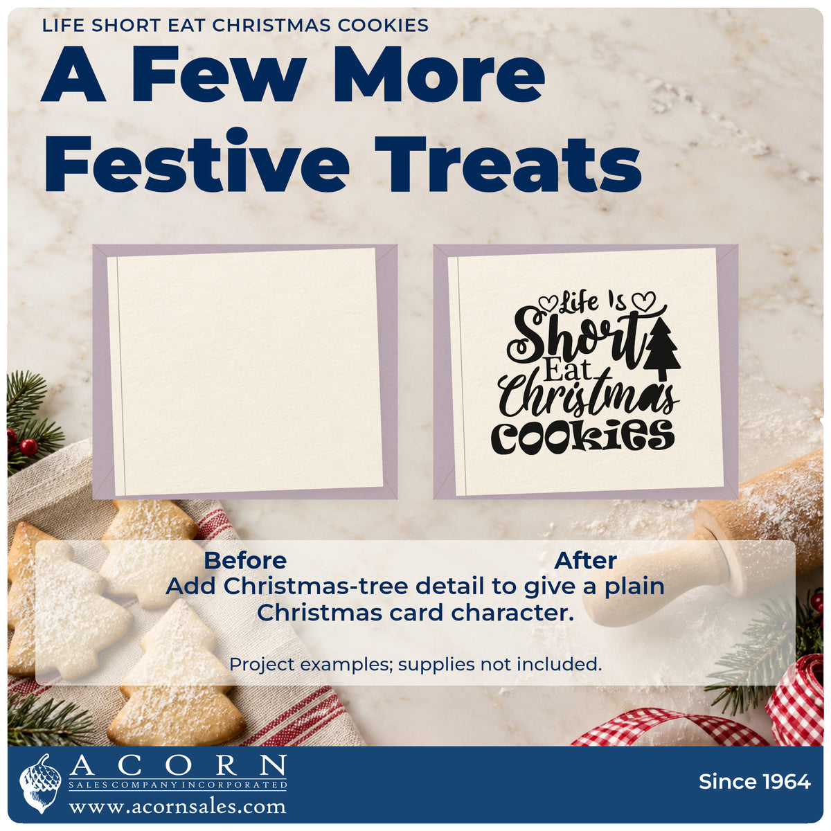Before and after of a plain item finished with the Life Is Short Eat Christmas Cookies Self-Inking Stamp, a quick upgrade for framed cookie jar shelf.