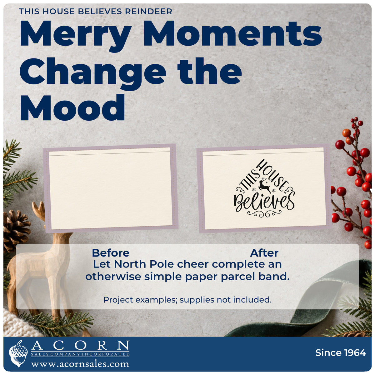 Before and after of a plain item finished with the This House Believes Reindeer Craft Stamp – Self-Inking, a quick upgrade for framed entry plaque.