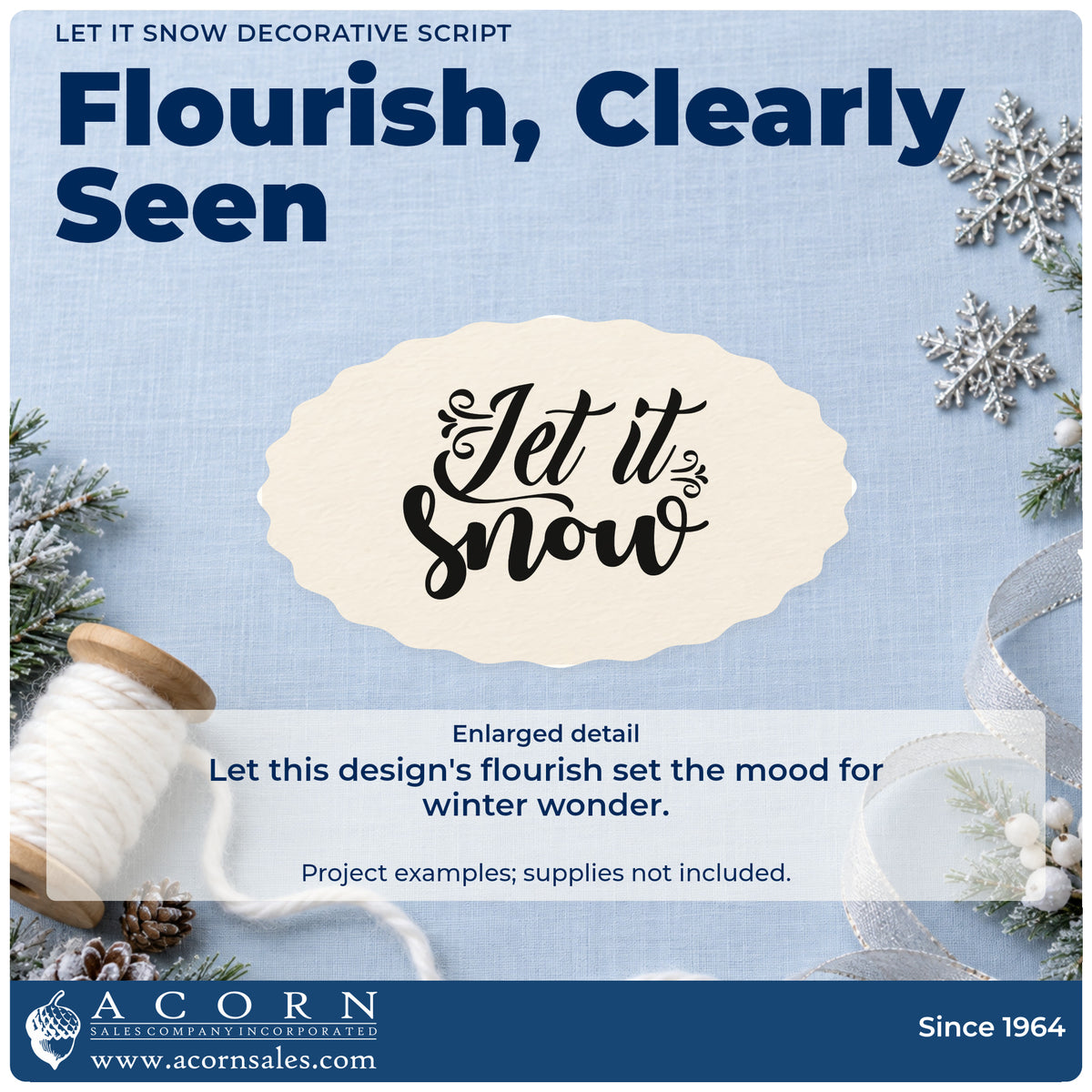Enlarged detail of the Let It Snow Decorative Script Self-Inking Stamp imprint. “Let It Snow” appears in bold script with curled flourishes at both sides.