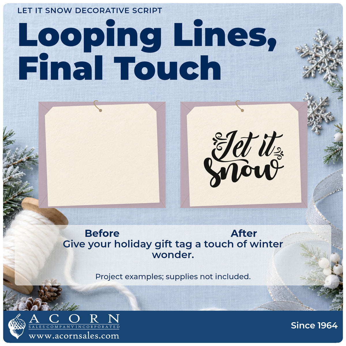 Before and after of a plain item finished with the Let It Snow Decorative Script Stamp – Wood Handle, a quick upgrade for framed mirror duo.