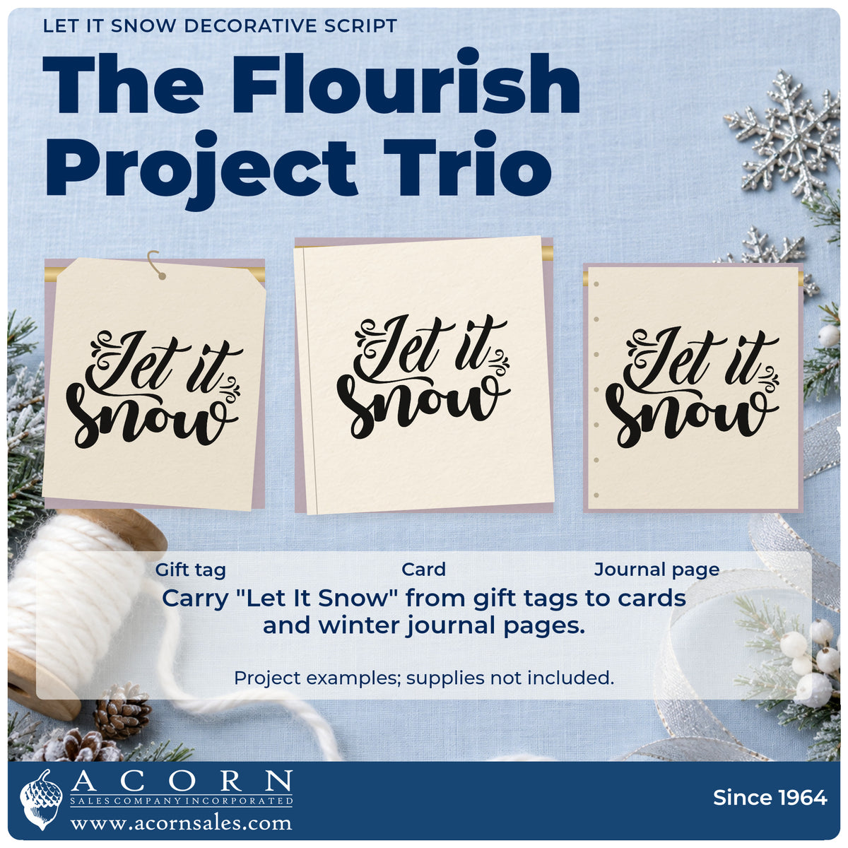 Three project examples made with the Let It Snow Decorative Script PSI Pre-Inked Stamp, including letter sheet pair.