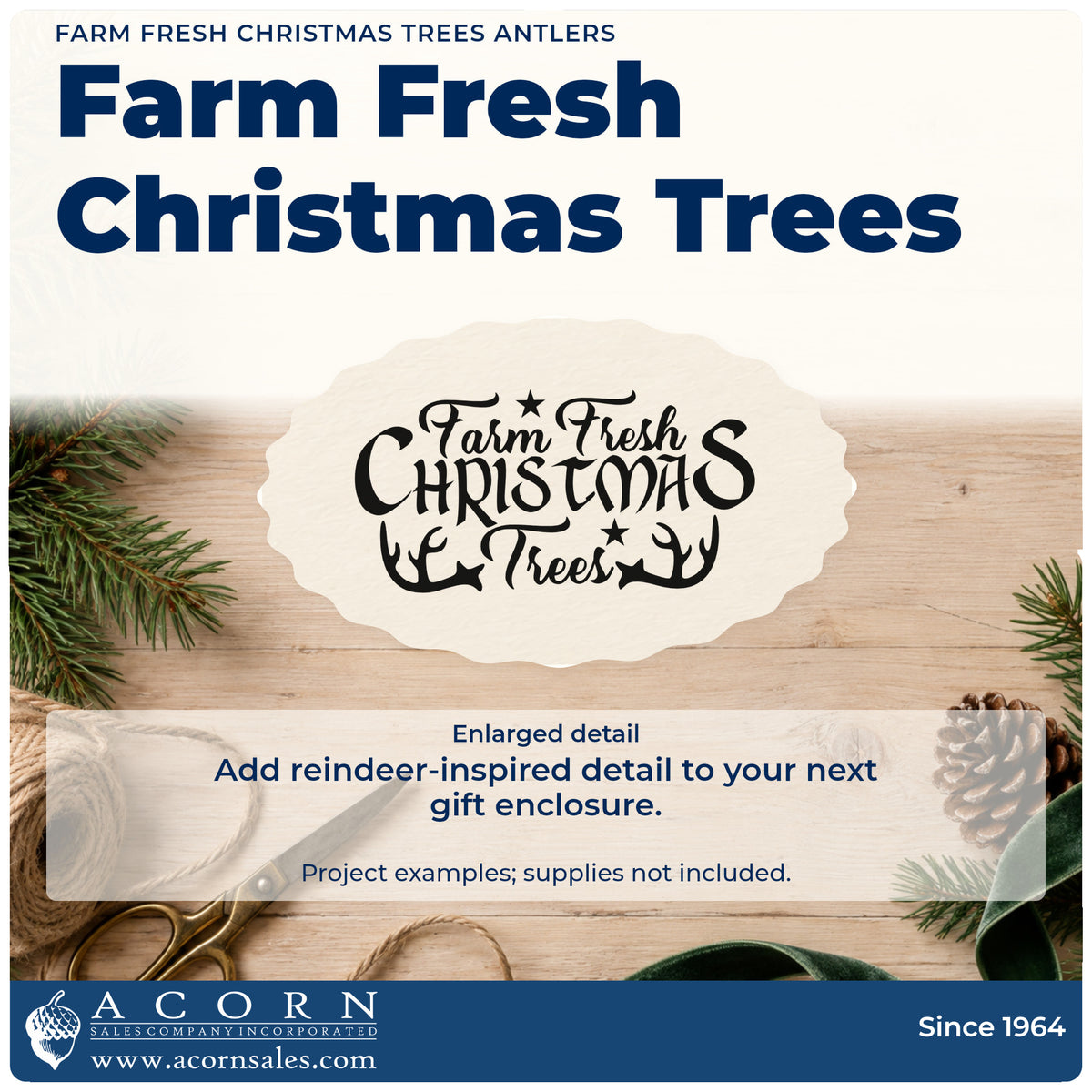 Enlarged detail of the Farm Fresh Christmas Trees Antlers With Stars Duo Hand Stamp imprint. “Farm Fresh Christmas Trees” is framed by antlers with small star accents.