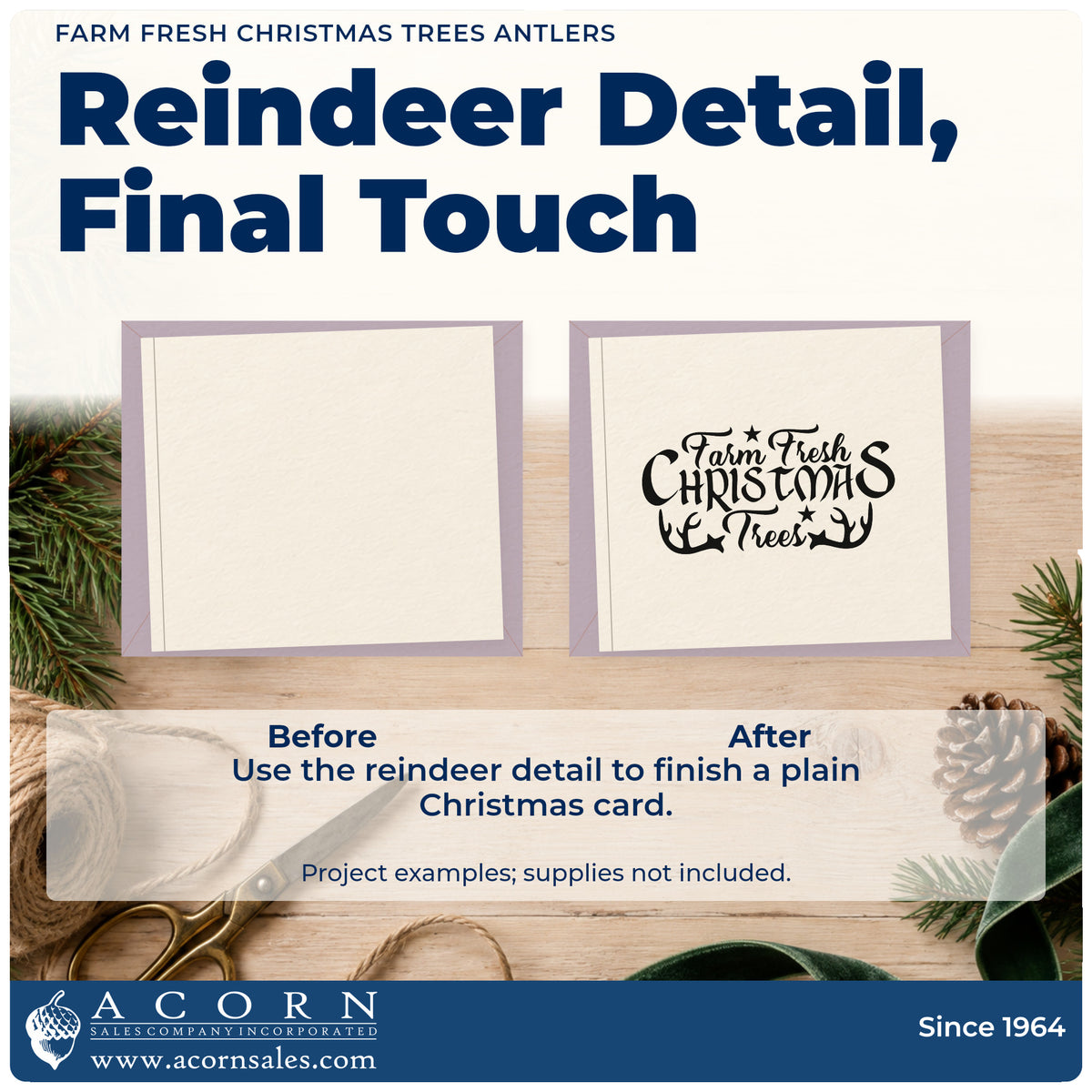 Before and after of a plain item finished with the Farm Fresh Christmas Trees Antlers With Stars Stamp – Self-Inking, a quick upgrade for framed bunkhouse wall.
