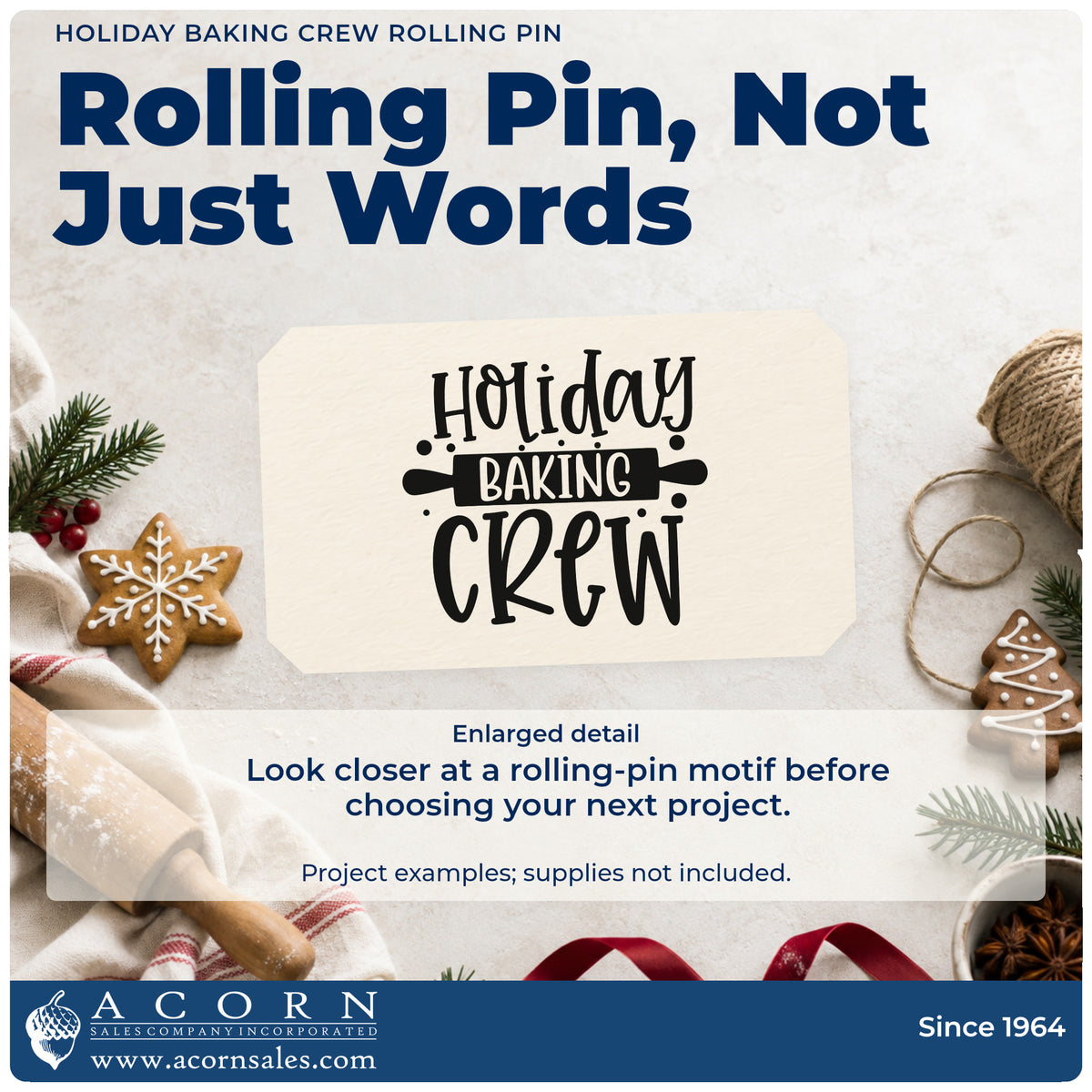 Enlarged detail of the Holiday Baking Crew Rolling Pin PSI Pre-Inked Stamp imprint. “Holiday Baking Crew” incorporates a dark rolling pin behind “Baking.”