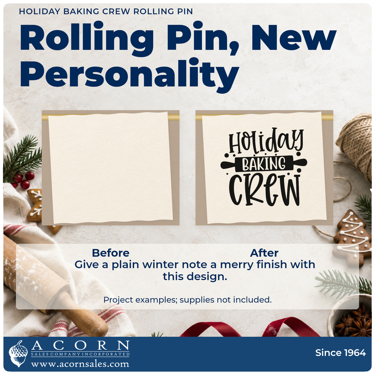 Before and after of a plain item finished with the Holiday Baking Crew Rolling Pin PSI Pre-Inked Stamp, a quick upgrade for framed prep counter.