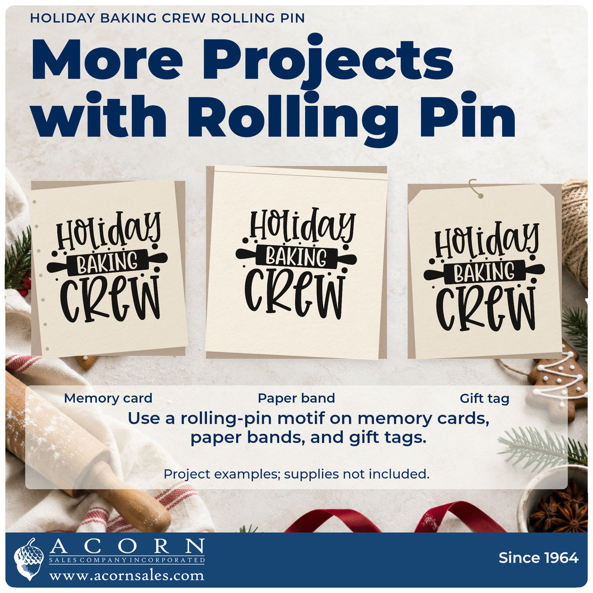Three project examples made with the Duo Hand Holiday Baking Crew Rolling Pin Rubber Stamp, including task split sheet.