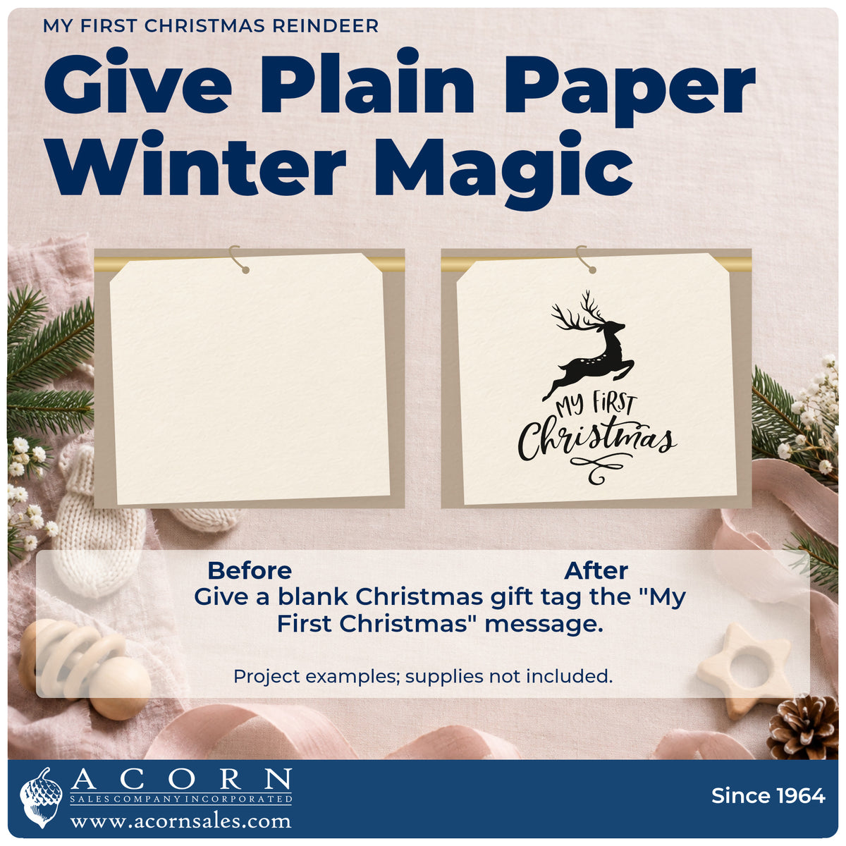 Before and after of a plain item finished with the My First Christmas Reindeer Premium Wood-Mounted Stamp – Vintage Pro, a quick upgrade for framed woodland wall.