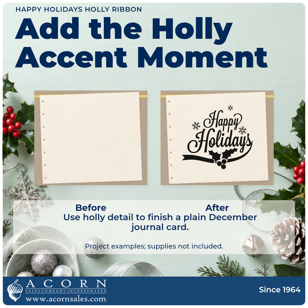 Before and after of a plain item finished with the Happy Holidays Holly Ribbon Snowflakes PSI Pre-Inked Stamp, a quick upgrade for framed curved mat.