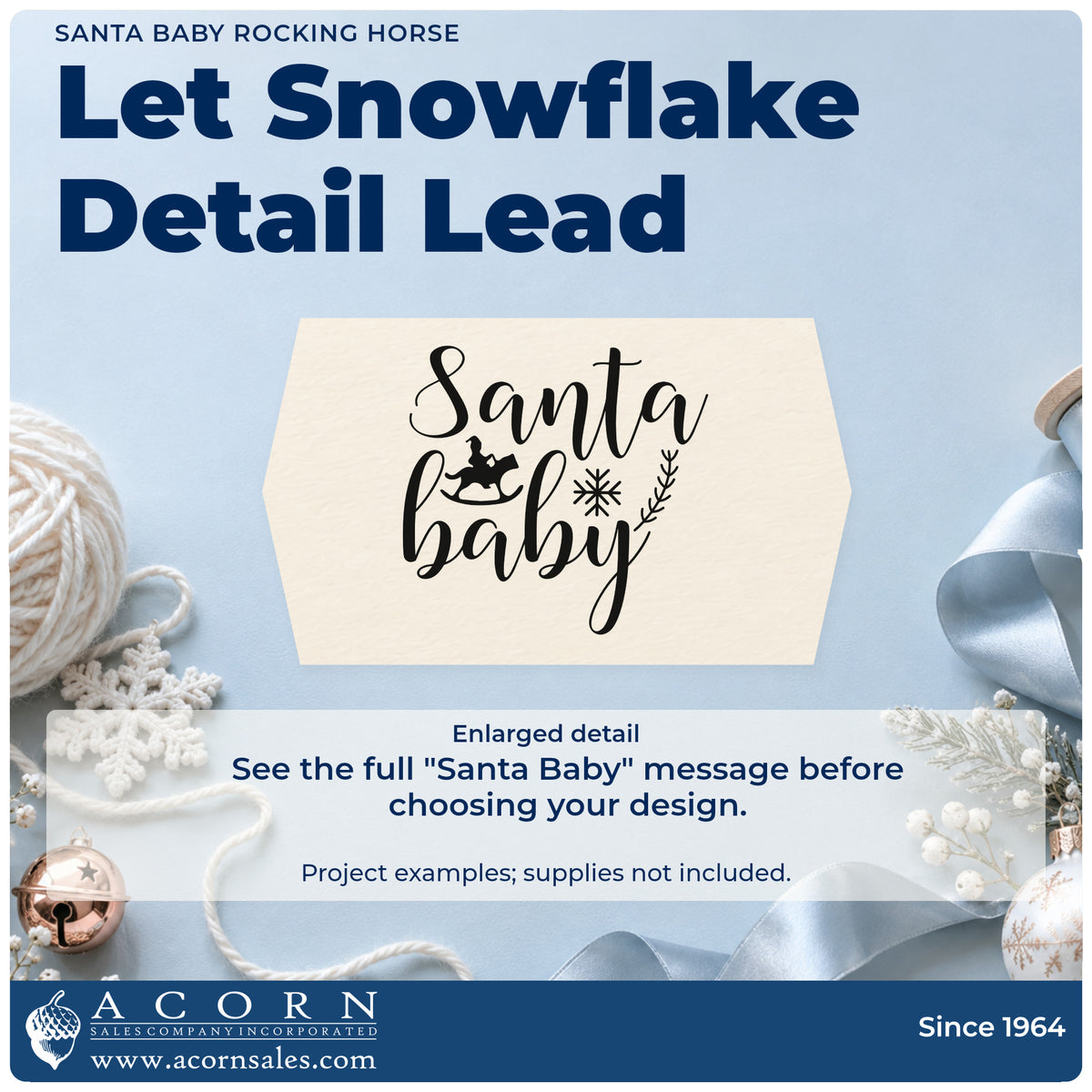 Enlarged detail of the Santa Baby Rocking Horse Botanical Sprig Stamp – Premium Vintage Pro Wooden imprint. “Santa Baby” features a small rocking horse, snowflake, and leafy sprig.