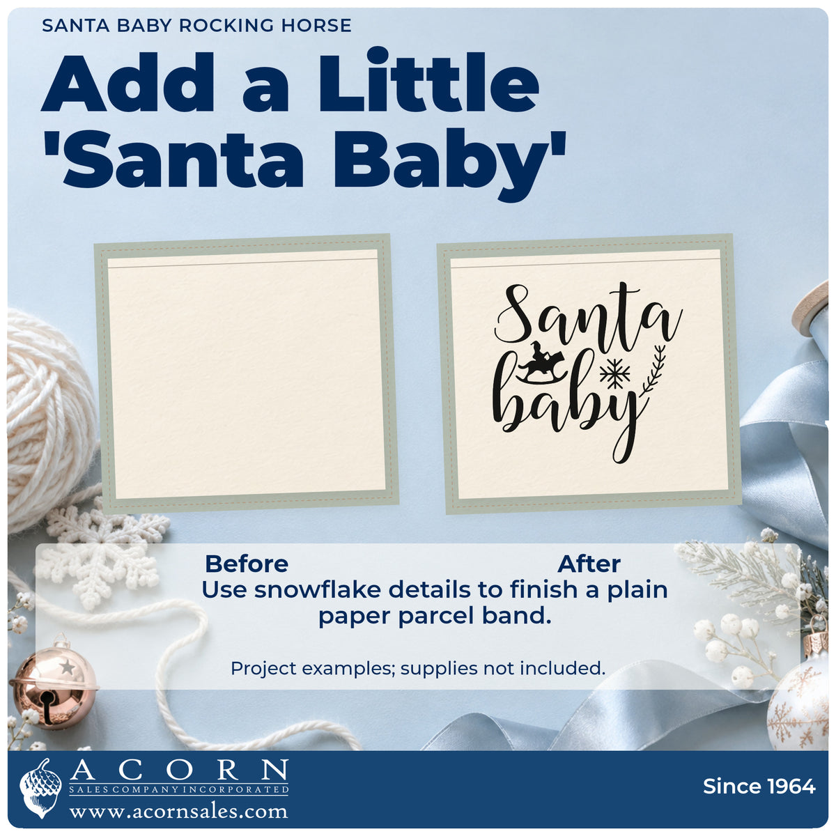 Before and after of a plain item finished with the Santa Baby Rocking Horse Botanical Sprig Stamp – Premium Vintage Pro Wooden, a quick upgrade for framed play corner.