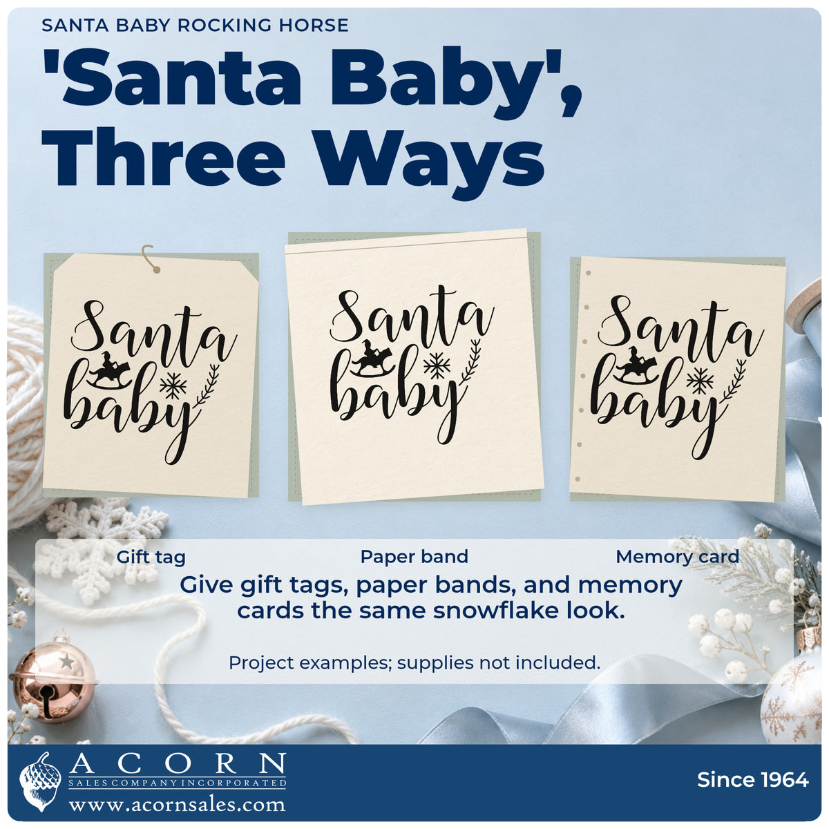 Three project examples made with the Santa Baby Rocking Horse Botanical Sprig Rubber Stamp – Wood Handle, including registry check sheet.