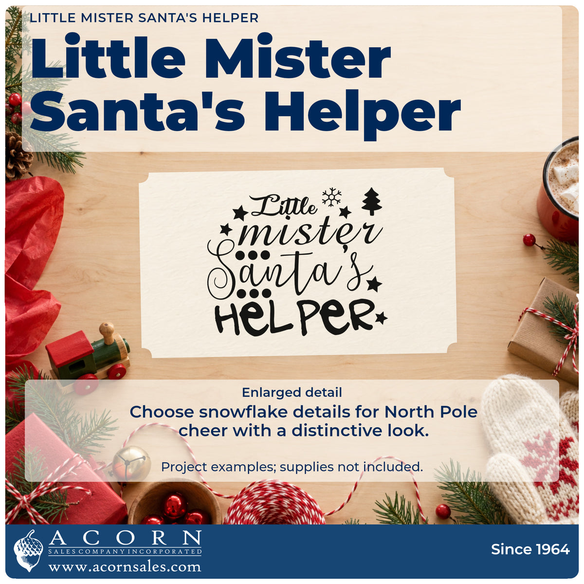 Enlarged detail of the PSI Pre-Inked Little Mister Santa's Helper Tree Motif Stamp imprint. “Little Mister Santa's Helper” features snowflakes, stars, a small tree, and dots.