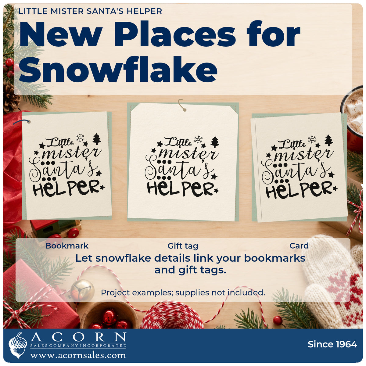 Three project examples made with the PSI Pre-Inked Little Mister Santa's Helper Tree Motif Stamp, including job chart header.