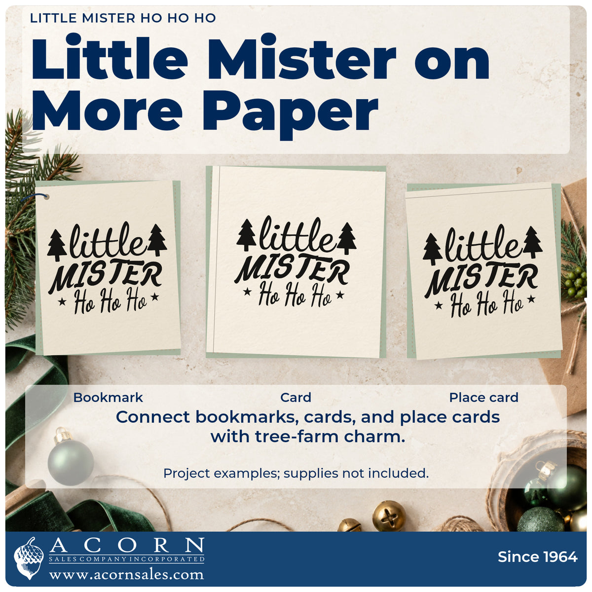 Three project examples made with the Little Mister Ho Ho Ho Premium Wood-Mounted Stamp – Vintage Pro, including outing plan sheet.