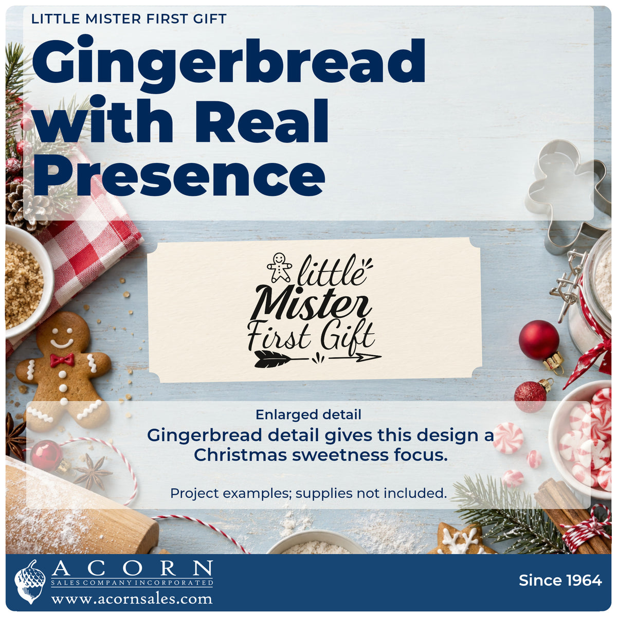 Enlarged detail of the Little Mister First Gift Gingerbread Hand Stamp – Duo imprint. “Little Mister First Gift” features a gingerbread figure, arrows, and decorative strokes.