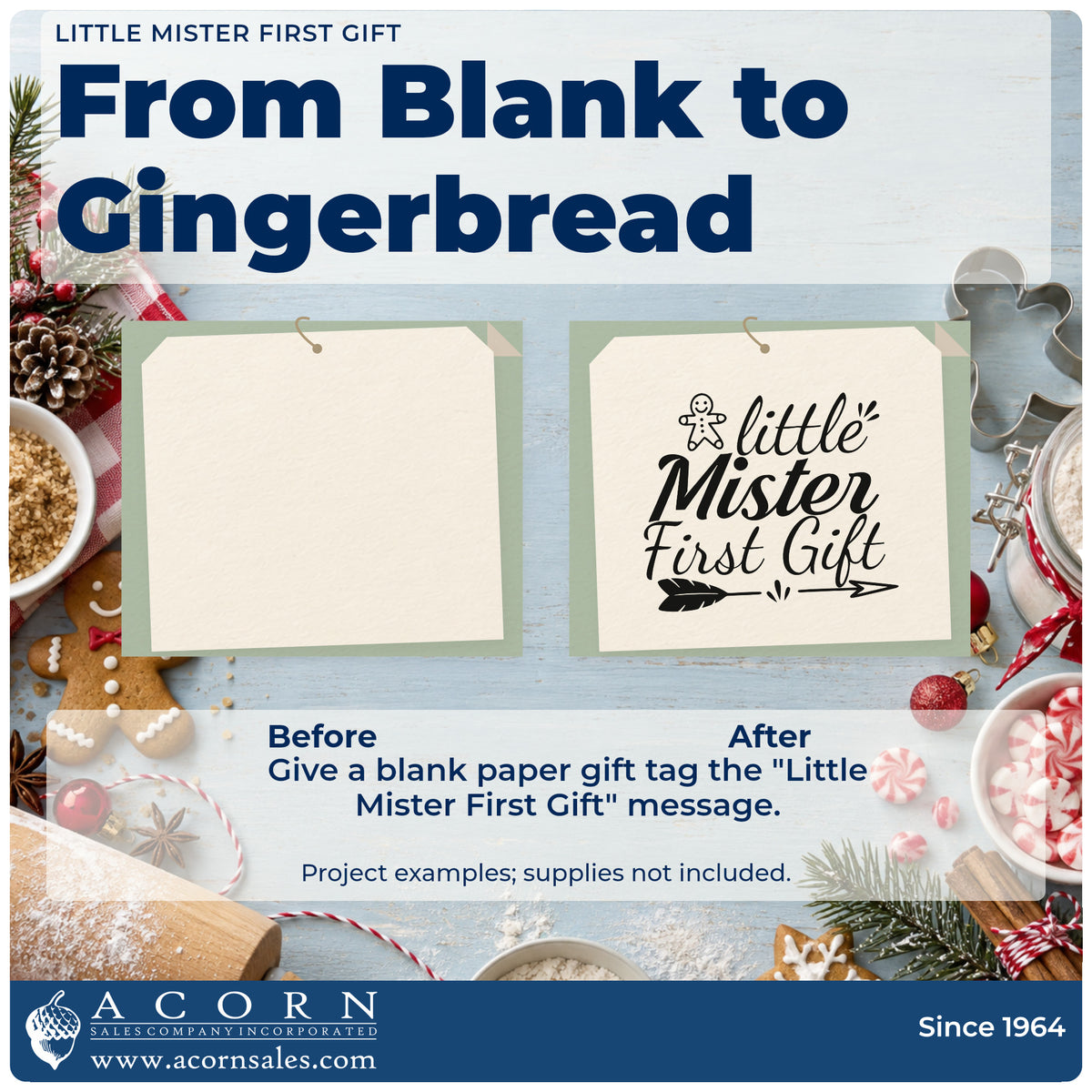 Before and after of a plain item finished with the Premium Wooden Little Mister First Gift Gingerbread Stamp – Vintage Pro, a quick upgrade for framed play mat wall.