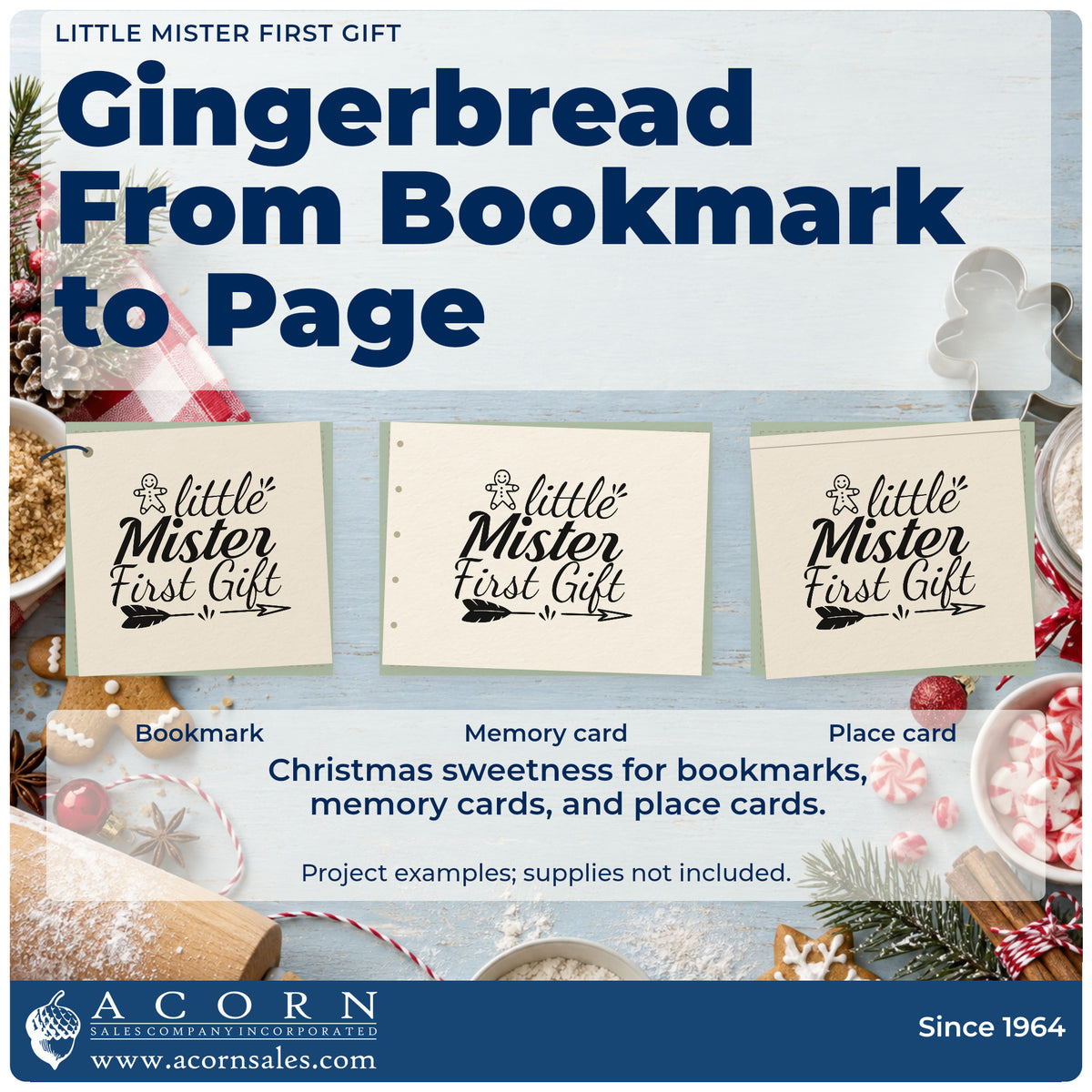 Three project examples made with the Premium Wooden Little Mister First Gift Gingerbread Stamp – Vintage Pro, including milestone chart sheet.