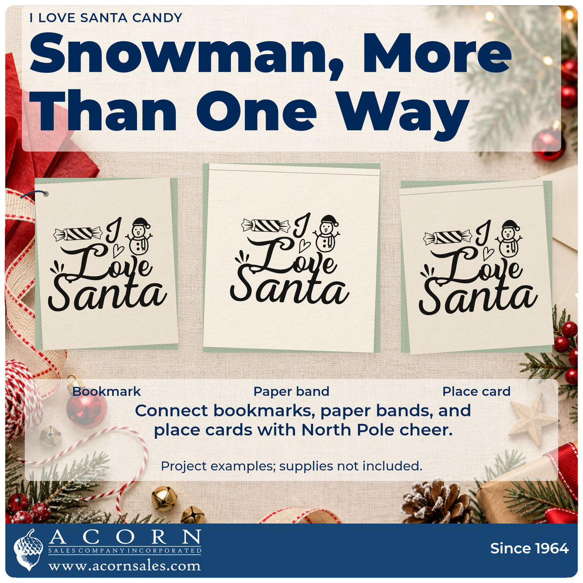 Three project examples made with the I Love Santa Candy Pre-Inked Stamp – PSI, including treat chart header.