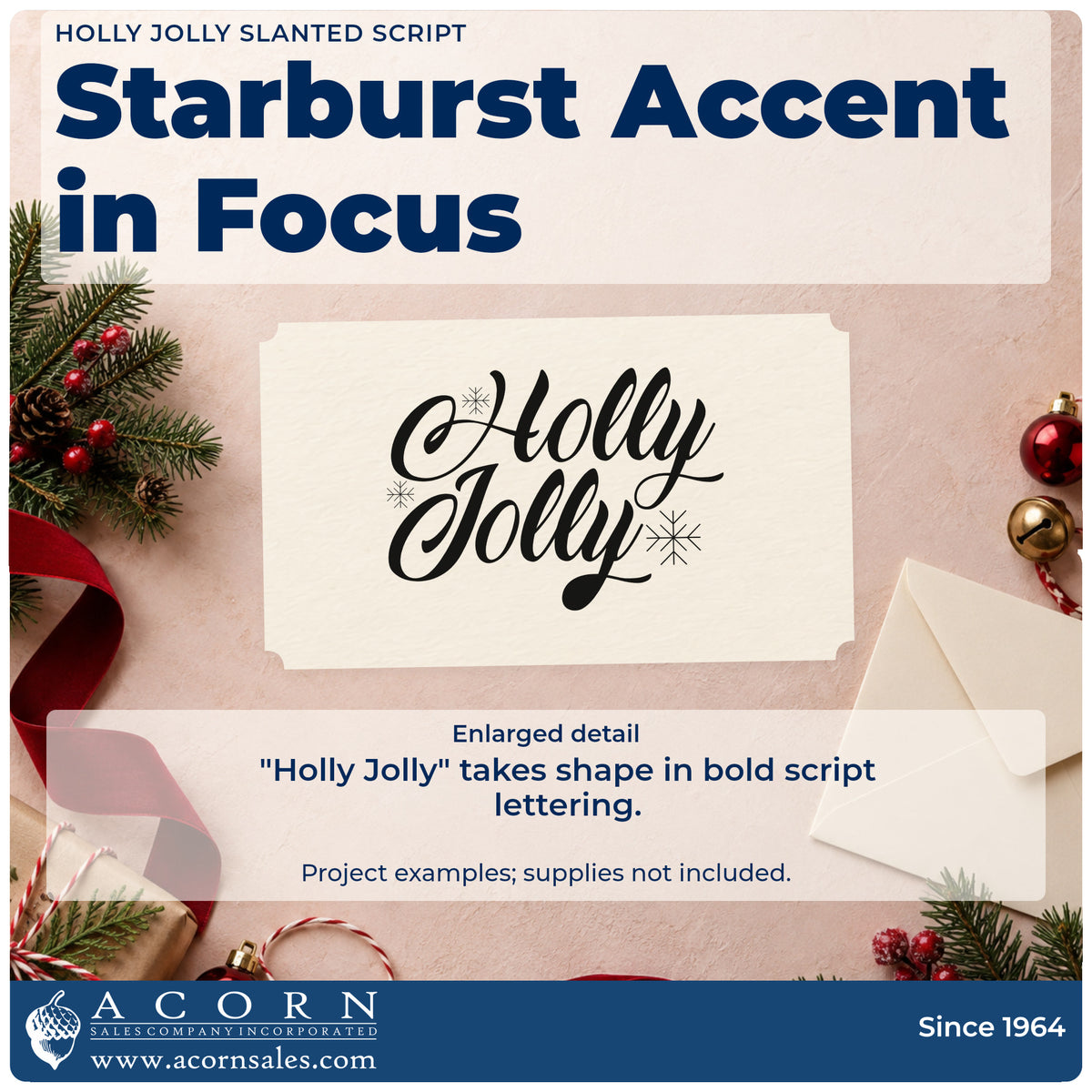 Enlarged detail of the Holly Jolly Slanted Script Lettering Rubber Stamp – Duo Hand imprint. “Holly Jolly” appears in bold slanted script with fine starbursts.