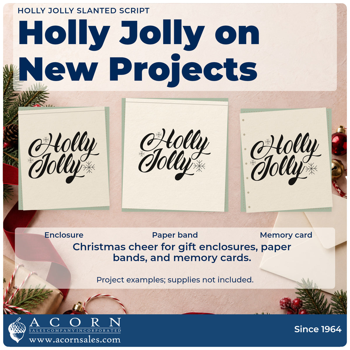 Three project examples made with the Holly Jolly Slanted Script Lettering Rubber Stamp – Duo Hand, including speed note sheet.