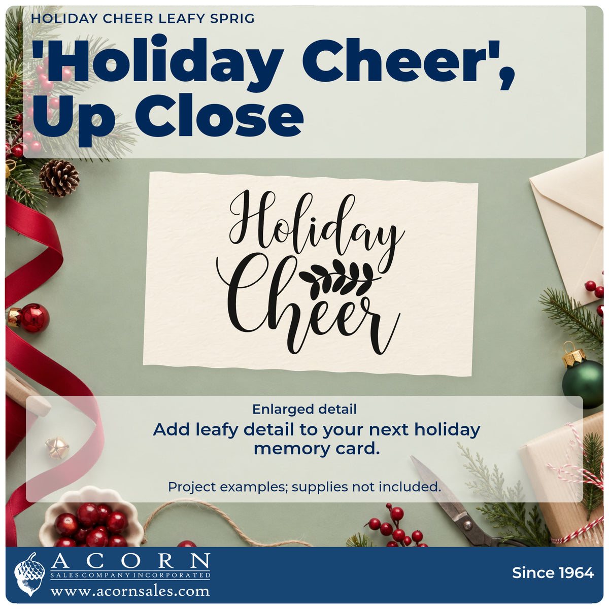 Enlarged detail of the Holiday Cheer Leafy Sprig Stamp – PSI Pre-Inked imprint. Large elegant script “Holiday Cheer” includes a leafy sprig between the words.