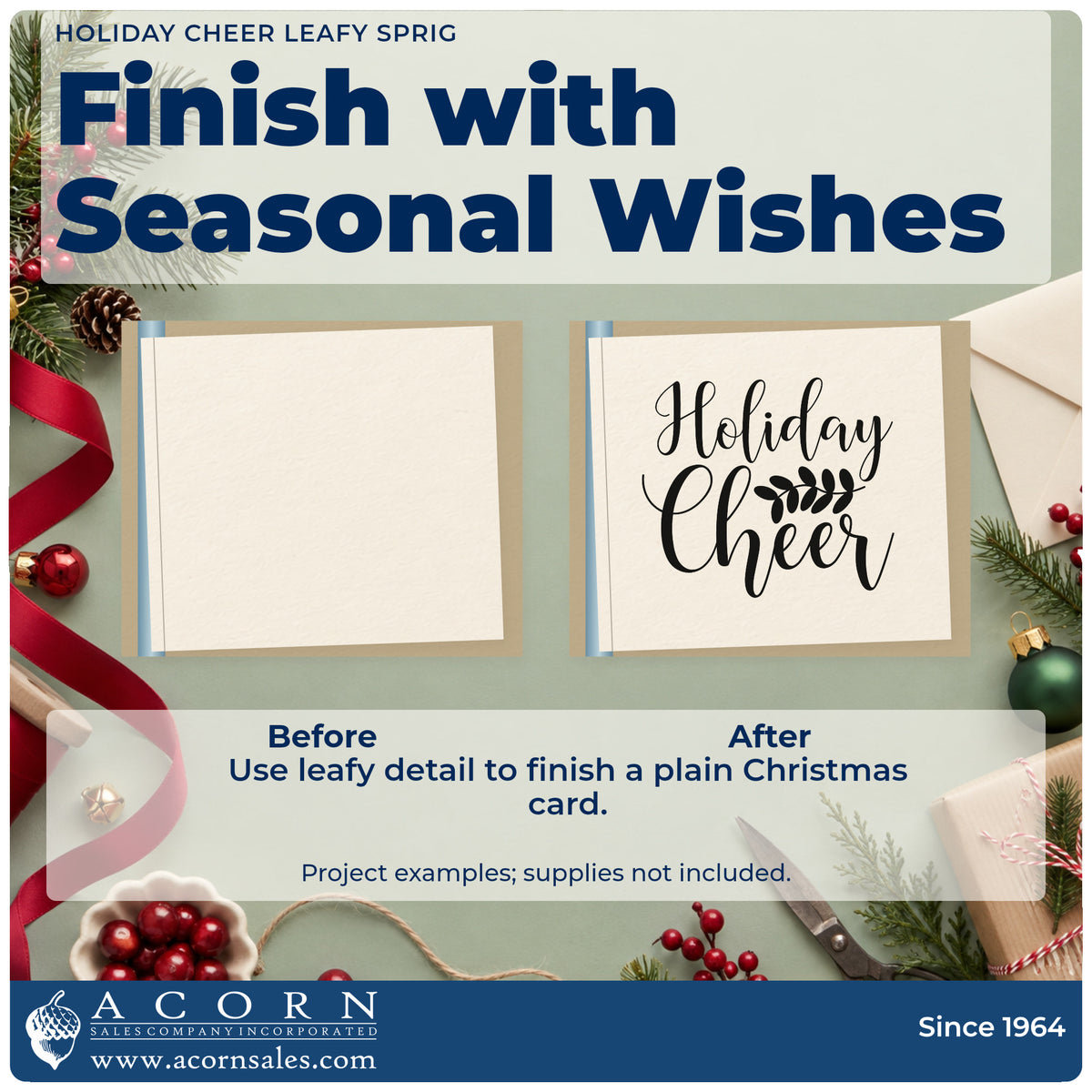 Before and after of a plain item finished with the Holiday Cheer Leafy Sprig Slim Pre-Inked Stamp, a quick upgrade for framed relaxation room.