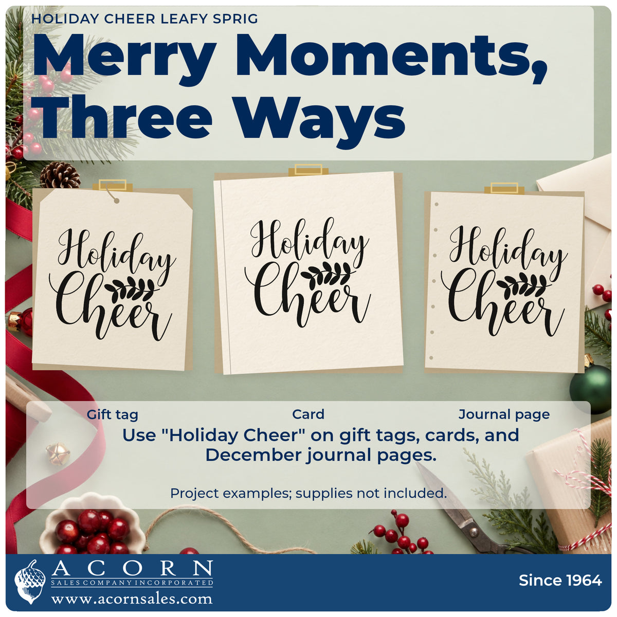 Three project examples made with the Holiday Cheer Leafy Sprig Stamp – PSI Pre-Inked, including service menu sheet.