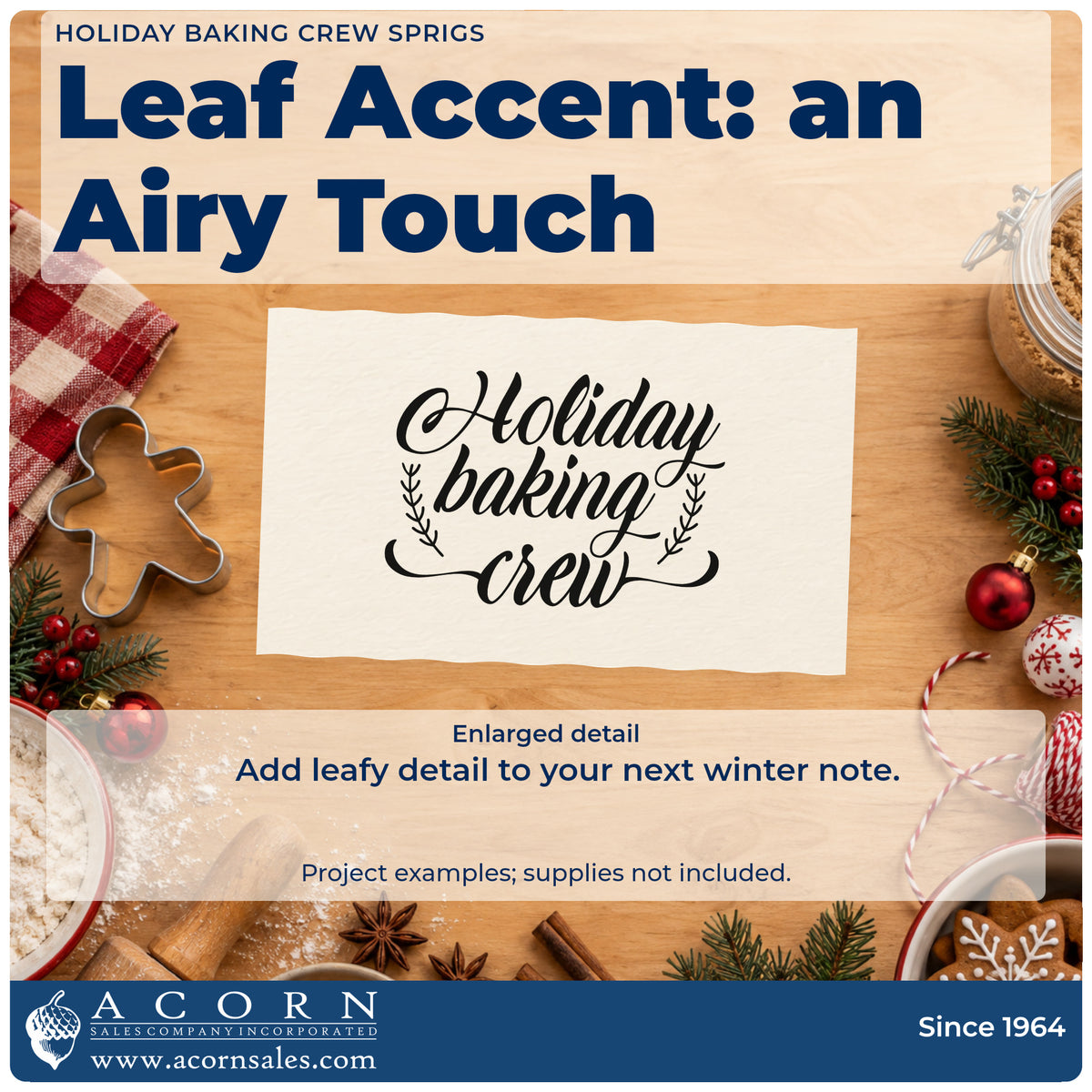 Enlarged detail of the Holiday Baking Crew Sprigs Leaf Accents Stamp – Self-Inking imprint. “Holiday Baking Crew” appears in script framed by fine leafy sprigs.