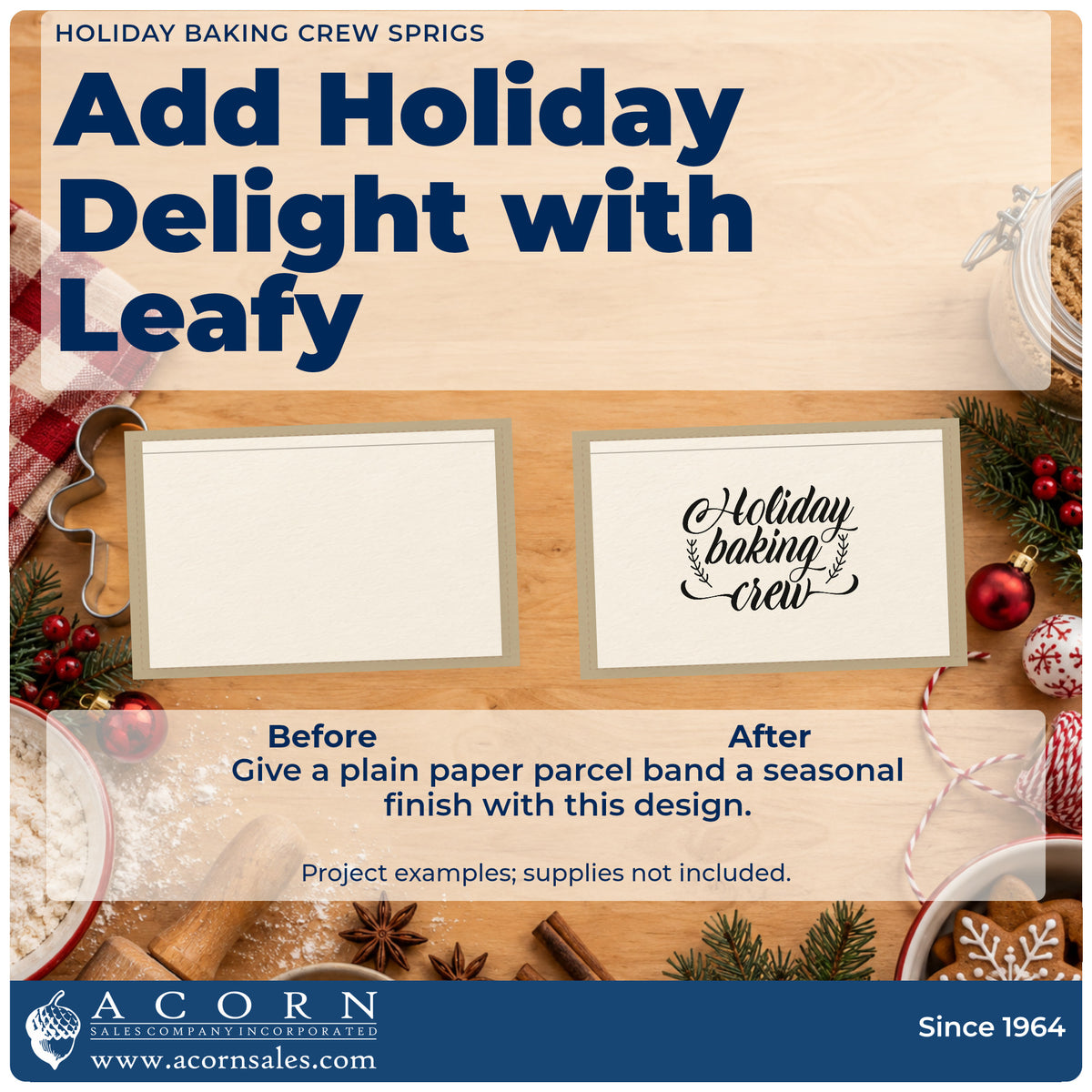 Before and after of a plain item finished with the Holiday Baking Crew Sprigs Leaf Accents Premium Wooden Stamp – Vintage Pro, a quick upgrade for framed bakery window.