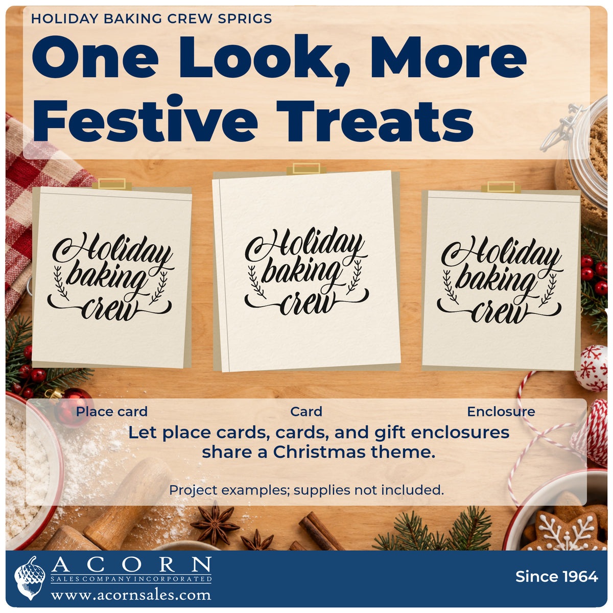 Three project examples made with the Holiday Baking Crew Sprigs Leaf Accents PSI Pre-Inked Stamp, including production plan sheet.