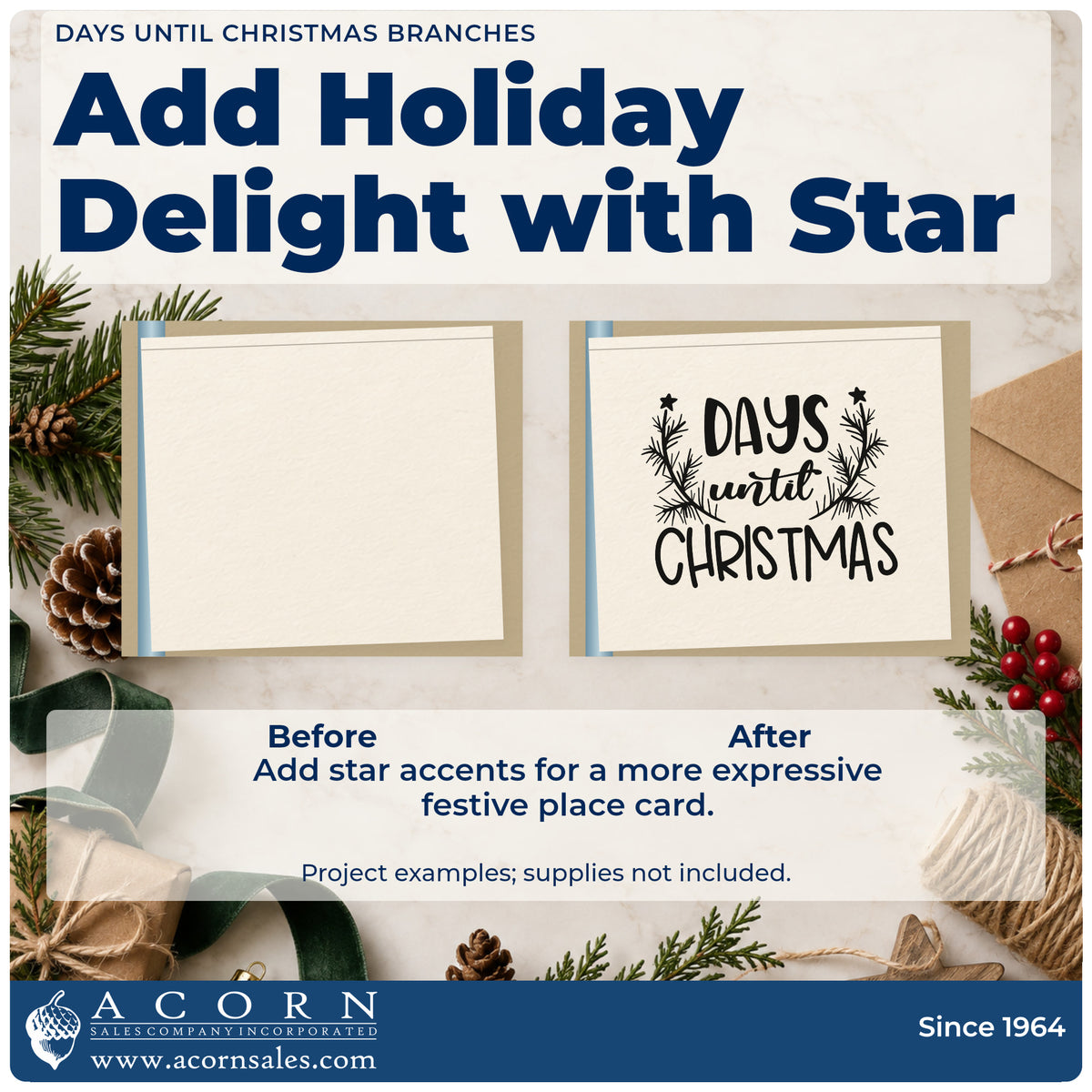 Before and after of a plain item finished with the Days Until Christmas Branches Premium Wooden Stamp – Vintage Pro, a quick upgrade for framed slate insert.