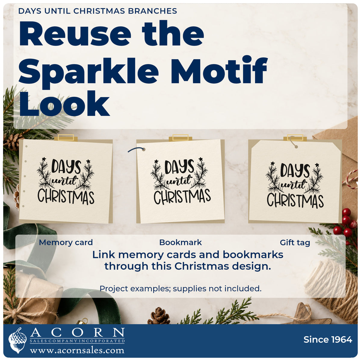 Three project examples made with the Days Until Christmas Branches Premium Wooden Stamp – Vintage Pro, including grid count sheet.