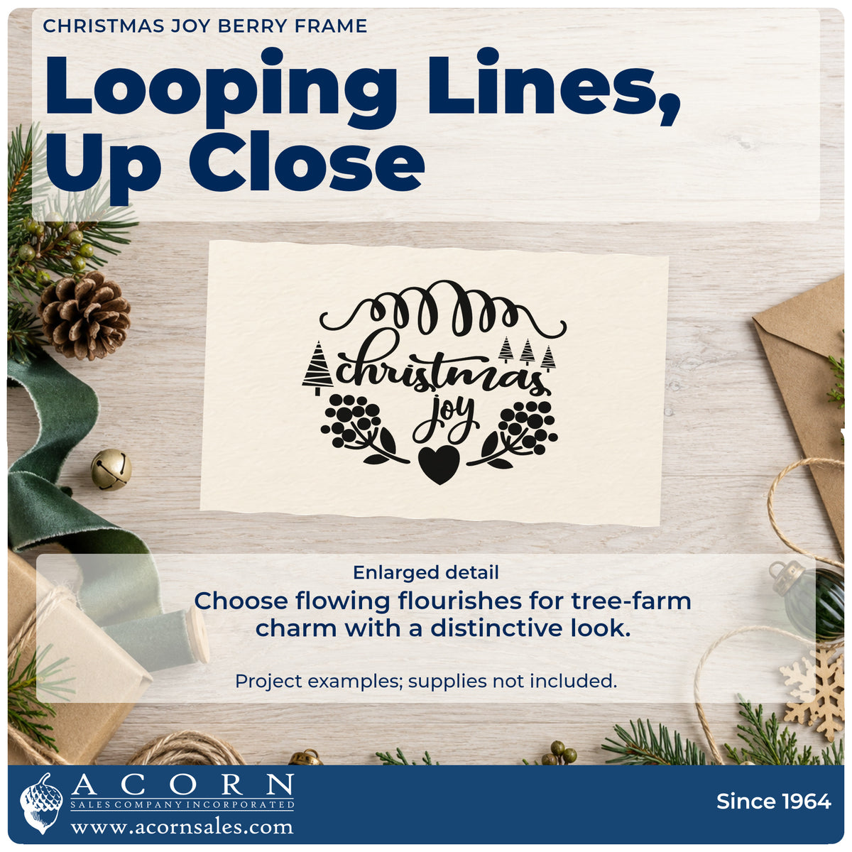 Enlarged detail of the Christmas Joy Berry Framed Lettering Stamp – Premium Vintage Pro Wooden imprint. “Christmas Joy” appears between a looping flourish, tiny trees, berry branches, and a heart.