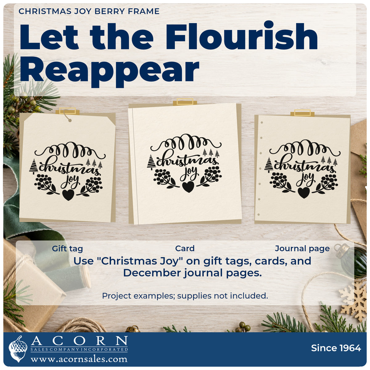 Three project examples made with the Christmas Joy Berry Framed Lettering Craft Stamp – Self-Inking, including cutting list sheet.