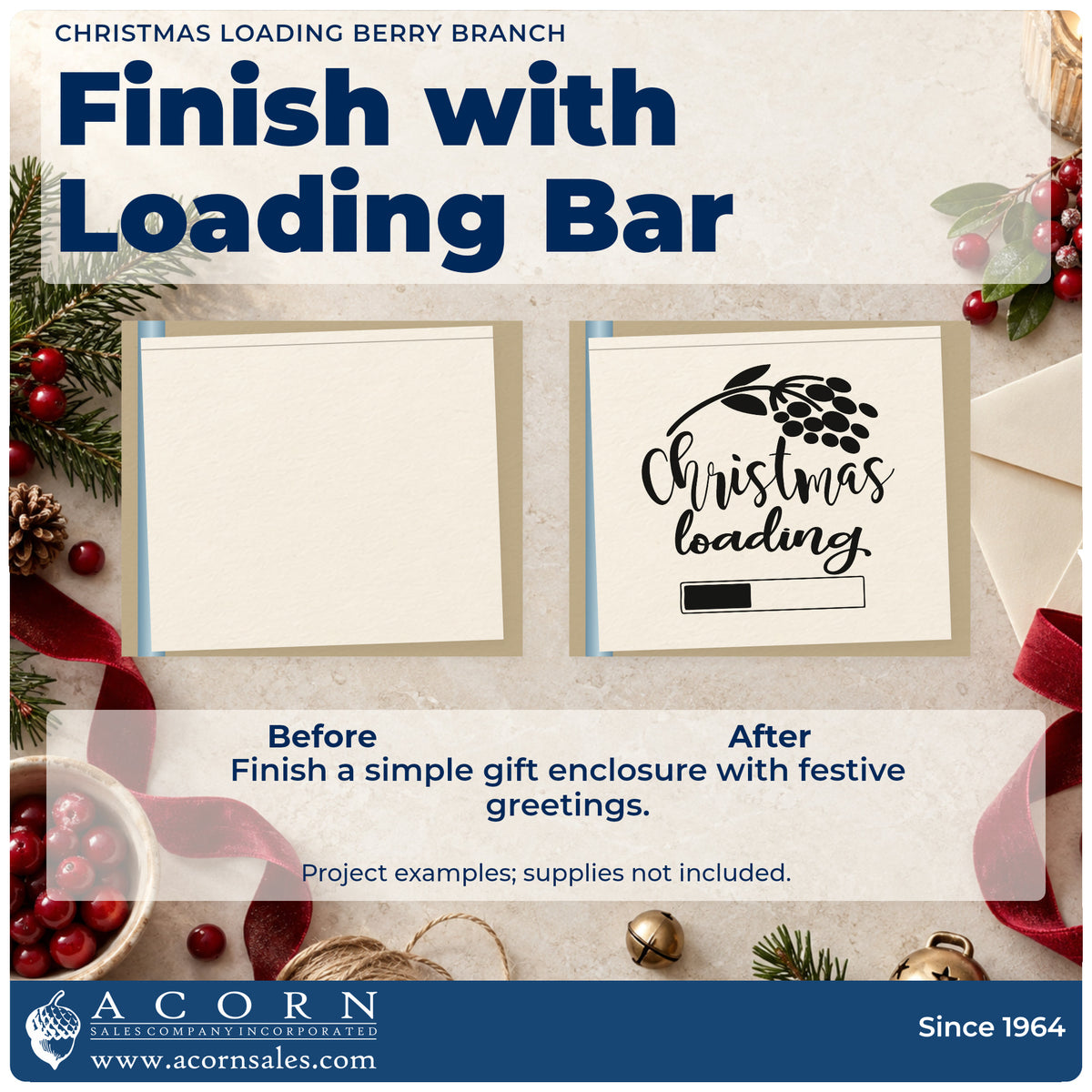 Before and after of a plain item finished with the Christmas Loading Berry Branch Self-Inking Stamp, a quick upgrade for framed play wall.