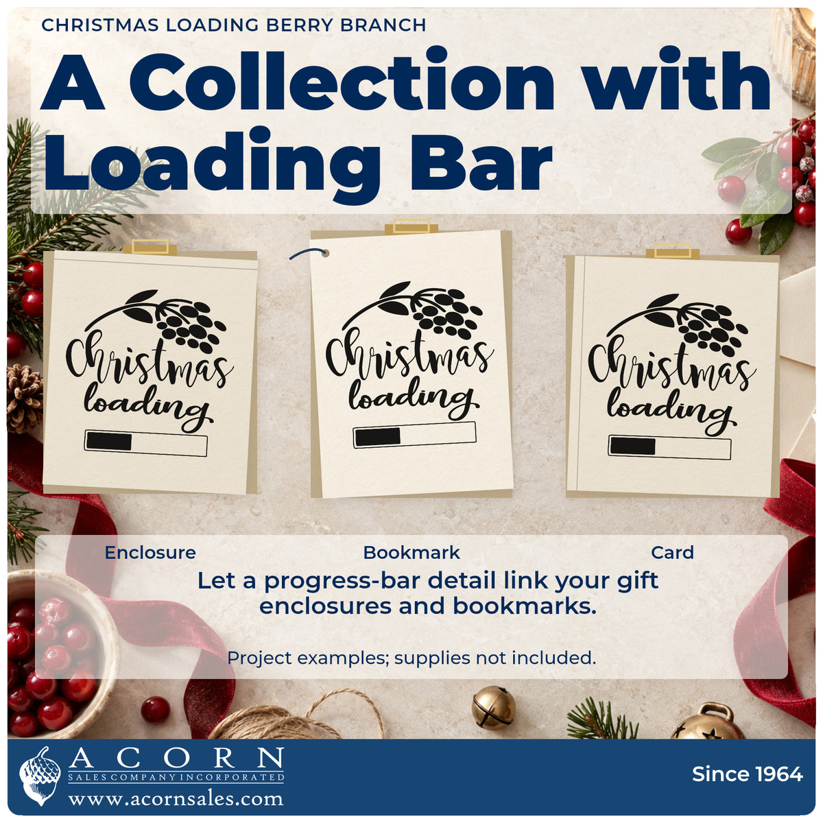 Three project examples made with the Christmas Loading Berry Branch Premium Wood-Mounted Stamp – Vintage Pro, including progress fill sheet.
