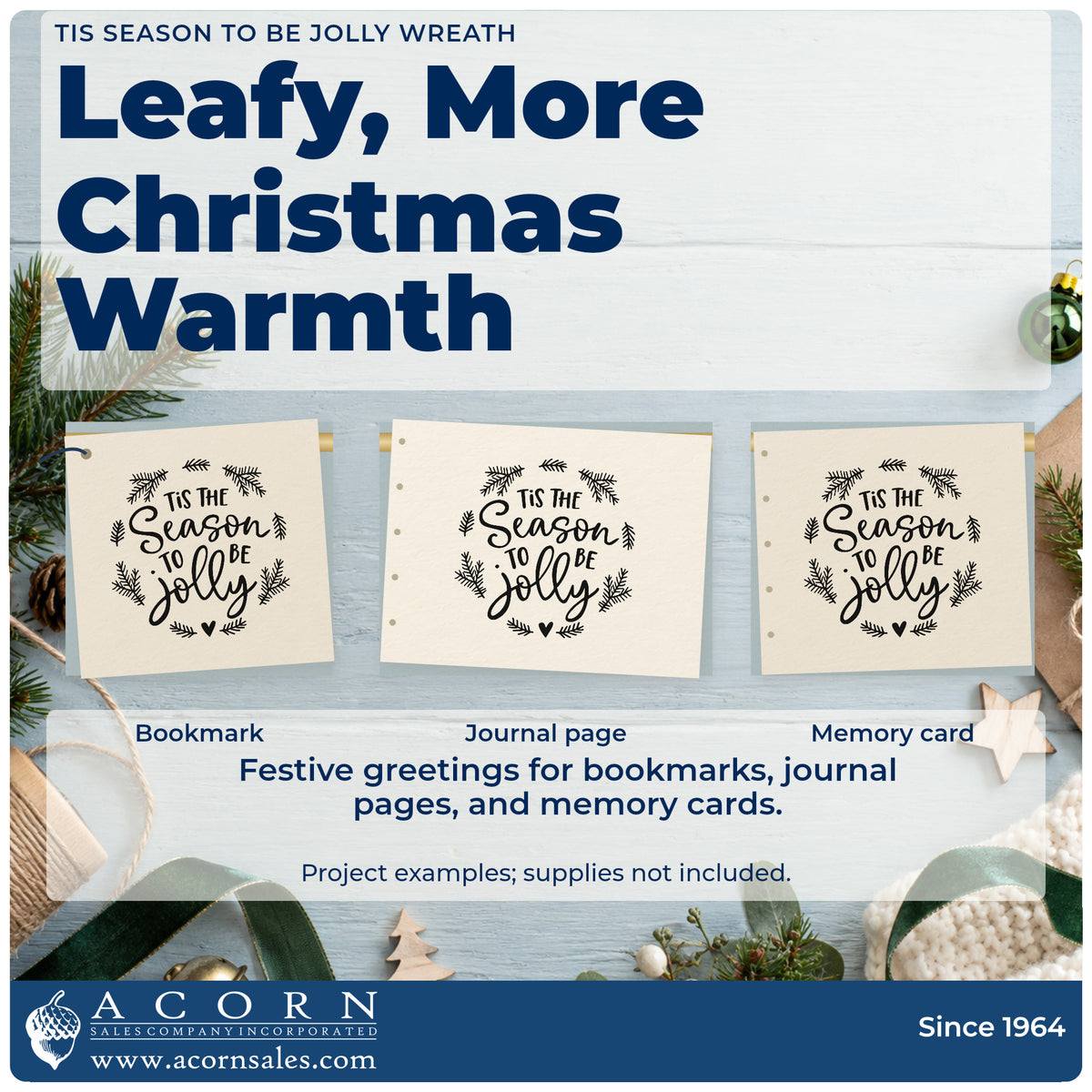 Three project examples made with the Premium Wooden Tis The Season To Be Jolly Pine Motif Stamp – Vintage Pro, including supply count sheet.