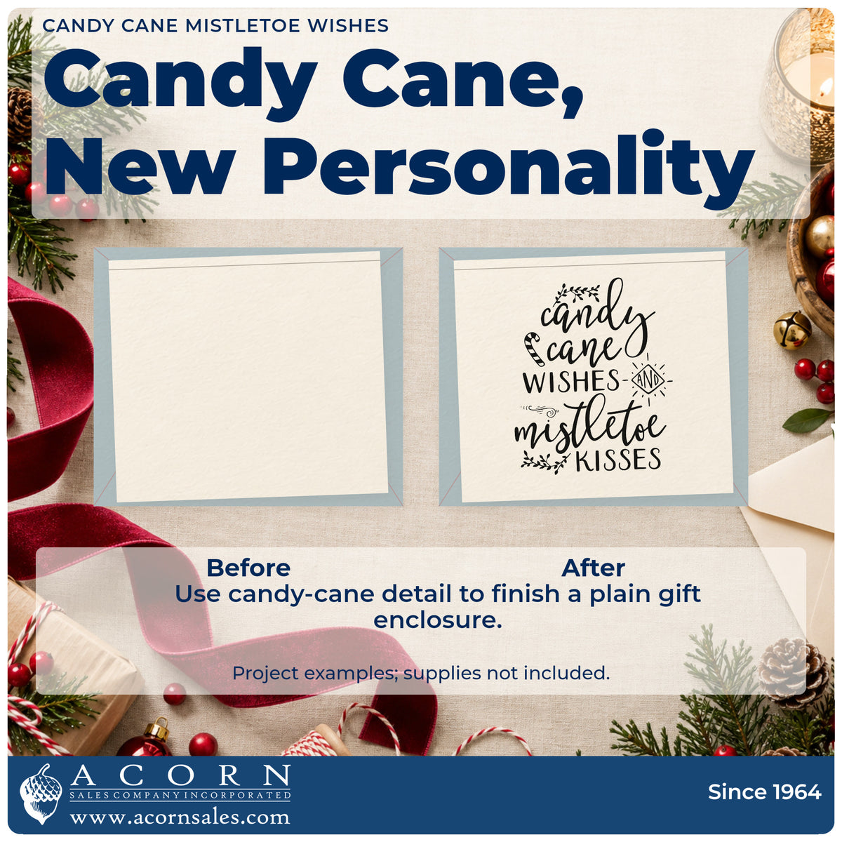 Before and after of a plain item finished with the Slim Pre-Inked Candy Cane Wishes And Mistletoe Kisses Stamp, a quick upgrade for stocking toe printing.